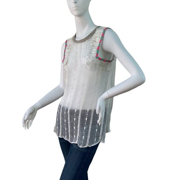 Custo Barcelona Sheer Ivory Lace Sleeveless Tank Top with Pink & Green Trim, S - Picture 6 of 7